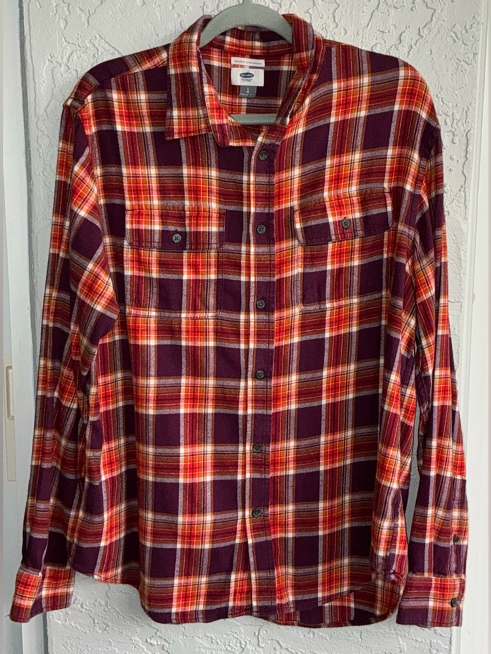 Old Navy Burgundy & Orange Plaid Flannel Regular Fit Shirt -